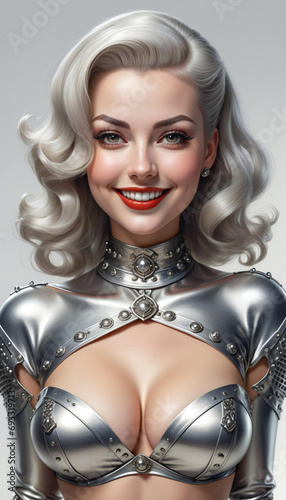 Beautiful blonde woman in silver armor, Portrait of a beautiful girl with white hair