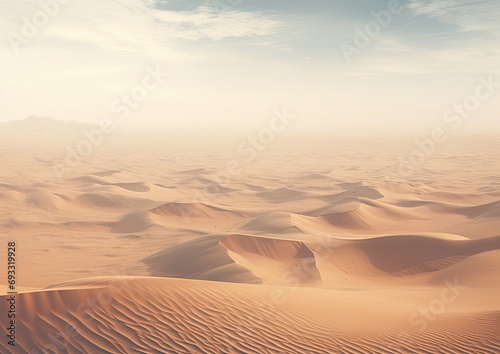 A vast desert landscape with sand dunes stretching towards the horizon  captured from a high