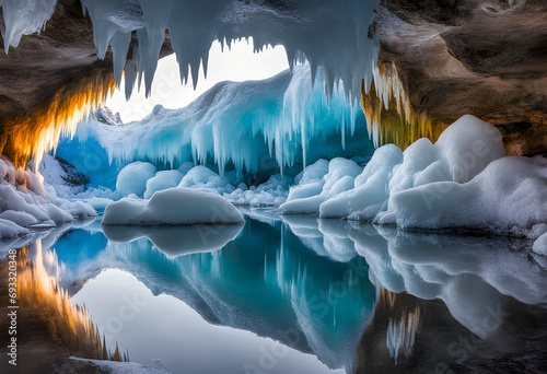 a frozen snowy icy explore cave reflection still water mountain winter calm adventure landscape snow nature scene