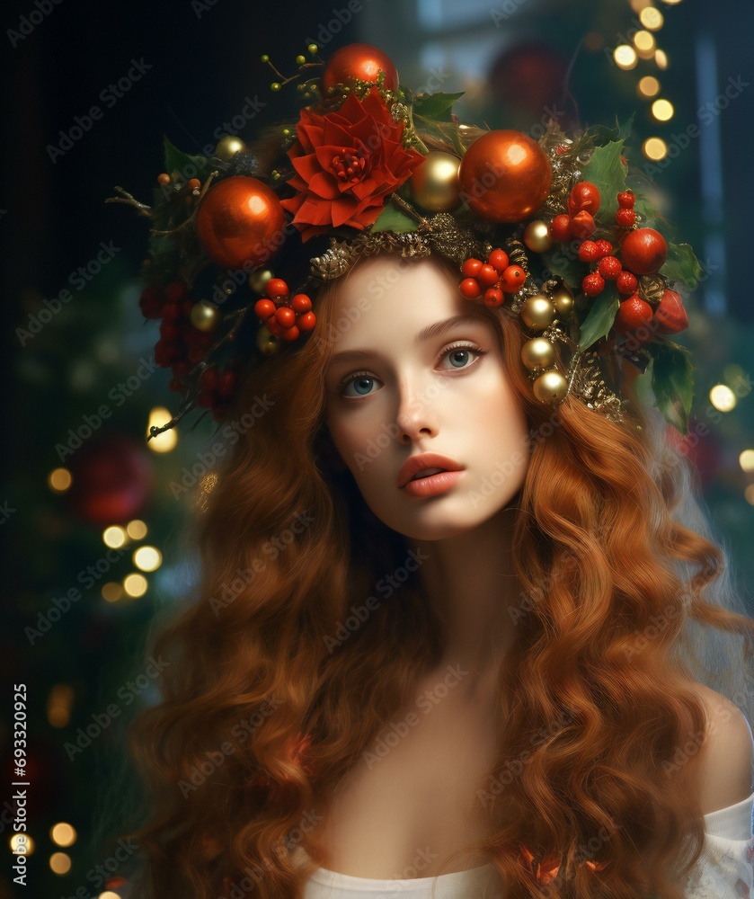 Beautiful young woman with Christmas wreath on her head,  Beauty, fashion