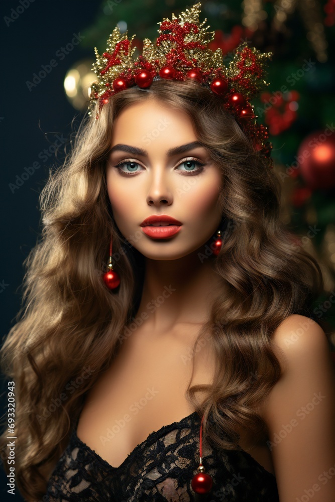 Beautiful young woman with christmas decoration on her head,  Beauty, fashion