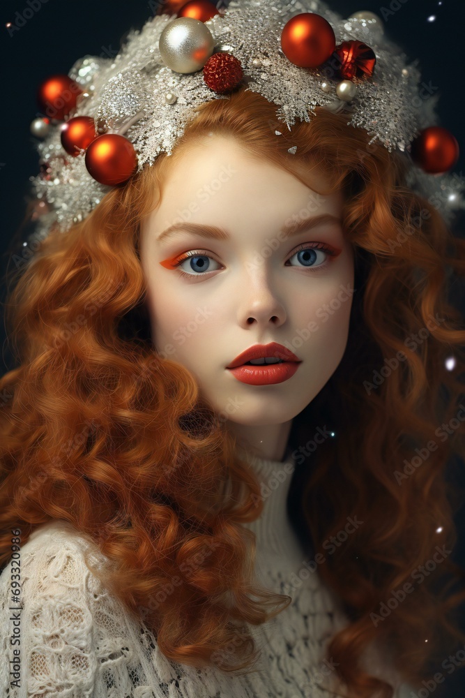 Beautiful redhead girl with christmas decoration on her head