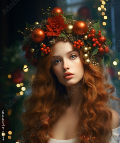 Beautiful young woman with Christmas wreath on her head, Beauty, fashion