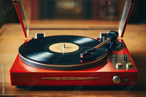 Vintage vinyl record player with a spinning record, retro music nostalgia