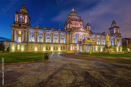 The beautiful Belfast City Hall illuminated at twilight photo