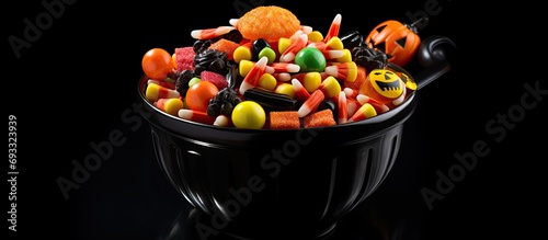 Plastic cauldron filled with Halloween candy.