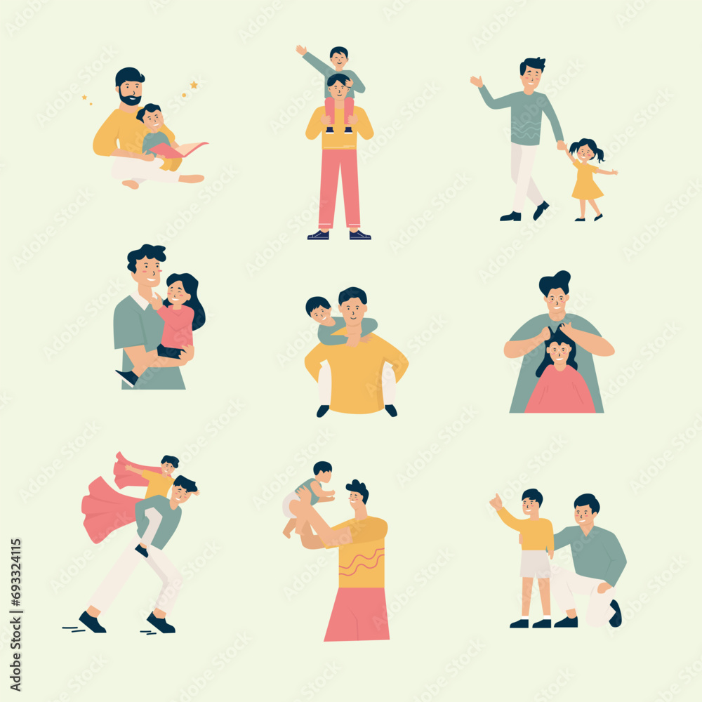 Simple Children Playing With Father Illustration Design Set
