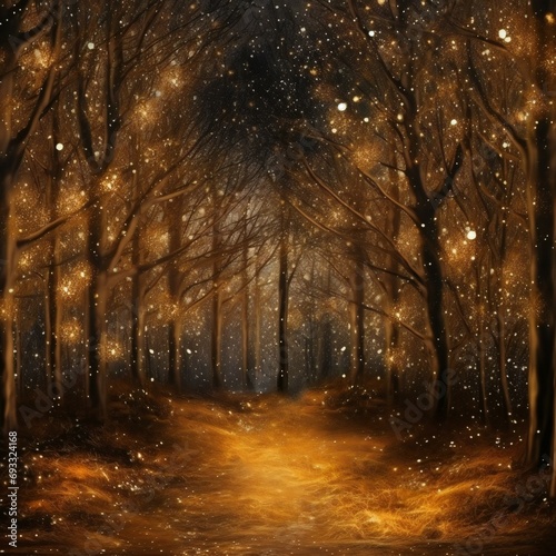Mystical forest at night with moonlight and snowflakes