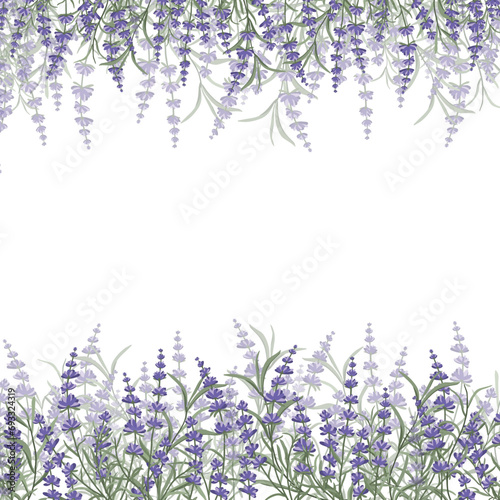 Floral purple-lavender border made of lavender flowers and leaves, for the design of postcards, invitations, banners, packaging and wallpaper. A frame for your design. Vector illustration