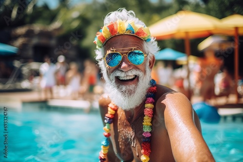 Portrait of senior man with white beard and sunglasses at swimming pool © igolaizola