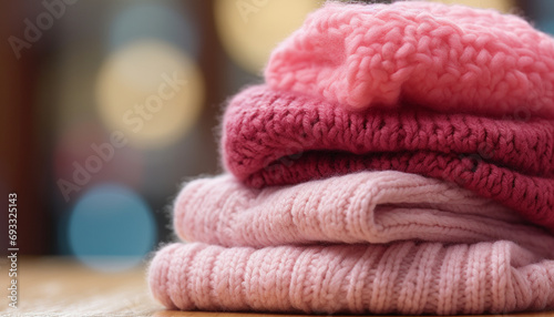 Stack of cozy pink knit sweaters on a wooden surface against a blurred background.