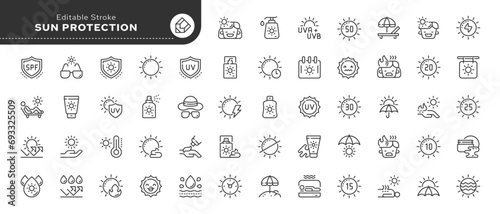 Line icon set. Sun protection. Tanning and sunscreen. UV protection. Outline icon collection. Pictogram and infographic. Editable stroke.	
