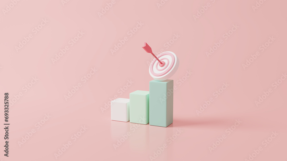 Business strategy target concept on pink pastel background. Business financials, leadership, direction and growth, planning. SEO Optimization, web analytics and marketing concept. 3d rendering - obrazy, fototapety, plakaty 