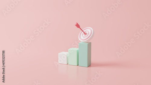 Business strategy target concept on pink pastel background. Business financials, leadership, direction and growth, planning. SEO Optimization, web analytics and marketing concept. 3d rendering