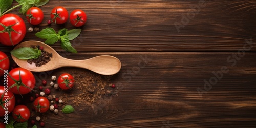 Home cooking concept with ripe tomatoes, spoon, herbs and spices on a wooden background, viewed from the top with copy space.