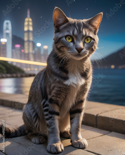 portrait of a cat along the port and cityin the background  photo