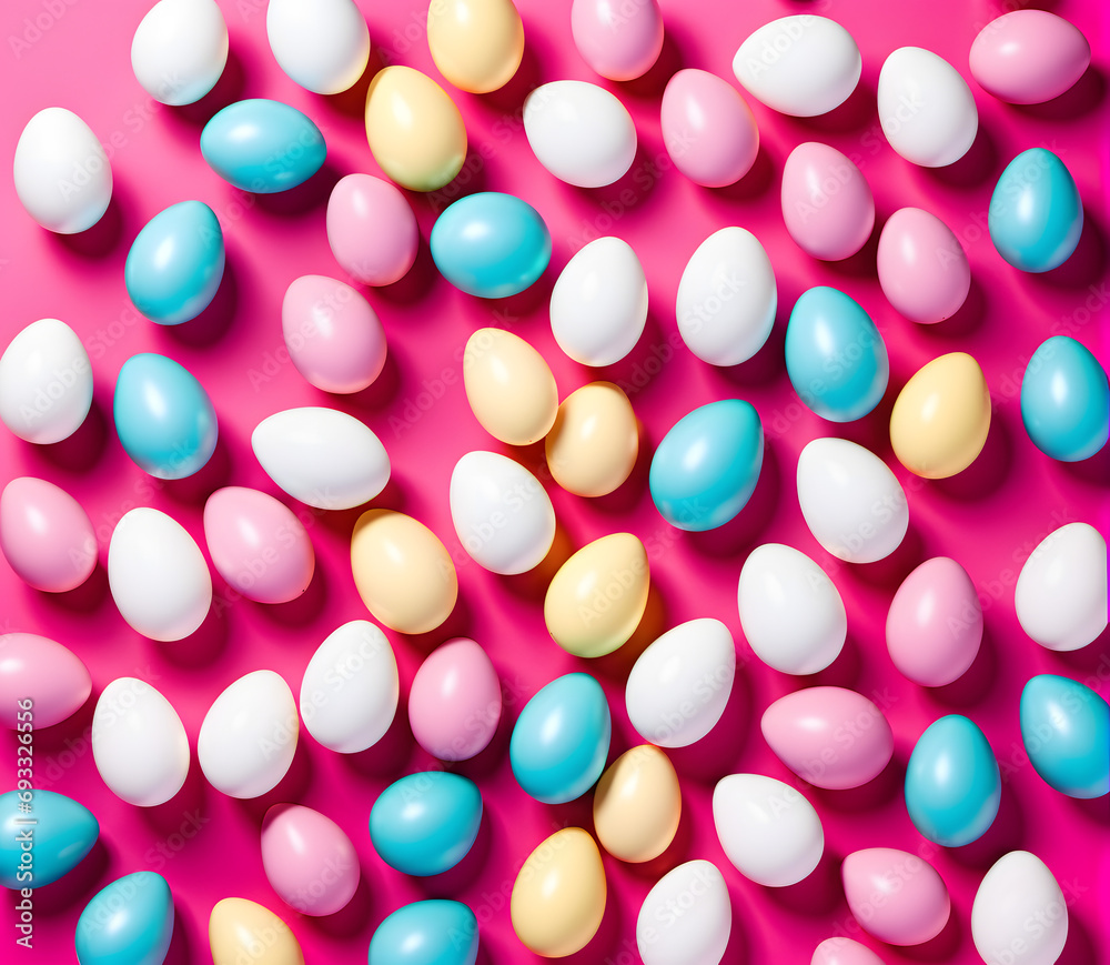 Easter eggs illustration top view on a pink background 