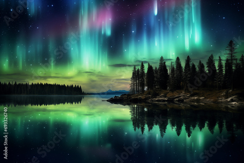 aurora borealis northern lights night sky lake landscape with reflection © K Love Studios