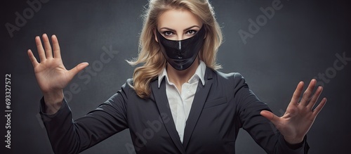Masked businesswoman signaling to stop