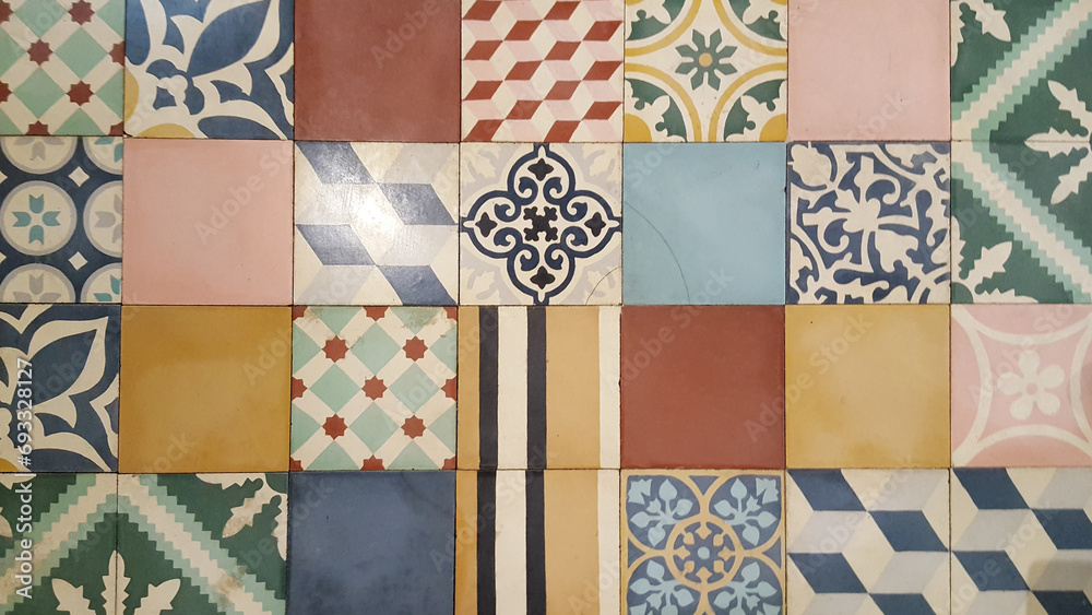 background azulejos wall mosaic tile in cement tiles typical south floor - obrazy, fototapety, plakaty 