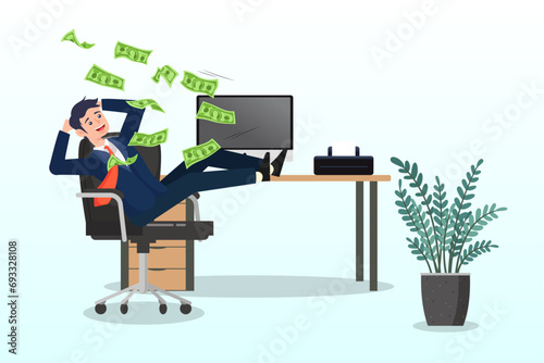 Rich businessman relax making money from computer, make money online, earn passive income from internet job or side hustle, make profit or earning from investment or stock trading, easy money (Vector)