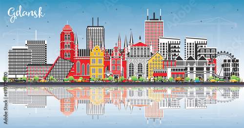 Gdansk Poland city skyline with color buildings, blue sky and reflections. Gdansk cityscape with landmarks. Travel and tourism concept with modern and historic architecture.