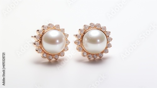 an eye-catching image of pearl stud earrings, capturing their timeless beauty and luster, perfectly isolated on a spotless white background.