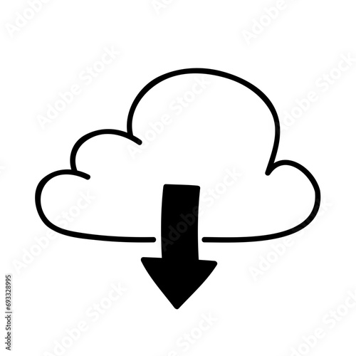 Cloud computing icon in hand-drawn style. Download files from the cloud