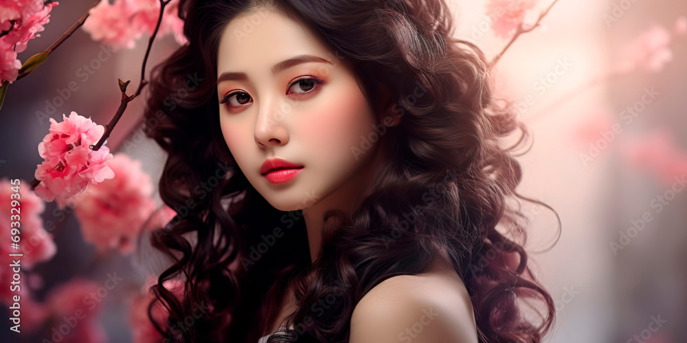 Young Asian beauty with curly long hair adorned with cherry blossom accessories