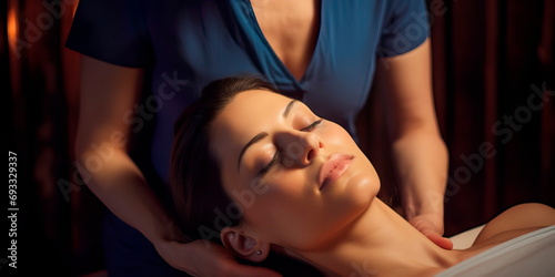 A relaxing head massage spa where a serene brunette receives the balancing touch of an experienced specialist. photo