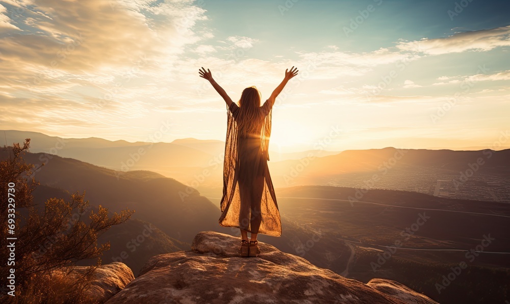 A woman standing on top of a mountain with her arms in the air - obrazy, fototapety, plakaty 