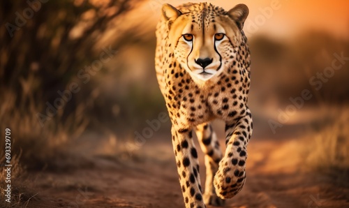 A cheetah running in the grass towards the camera © uhdenis