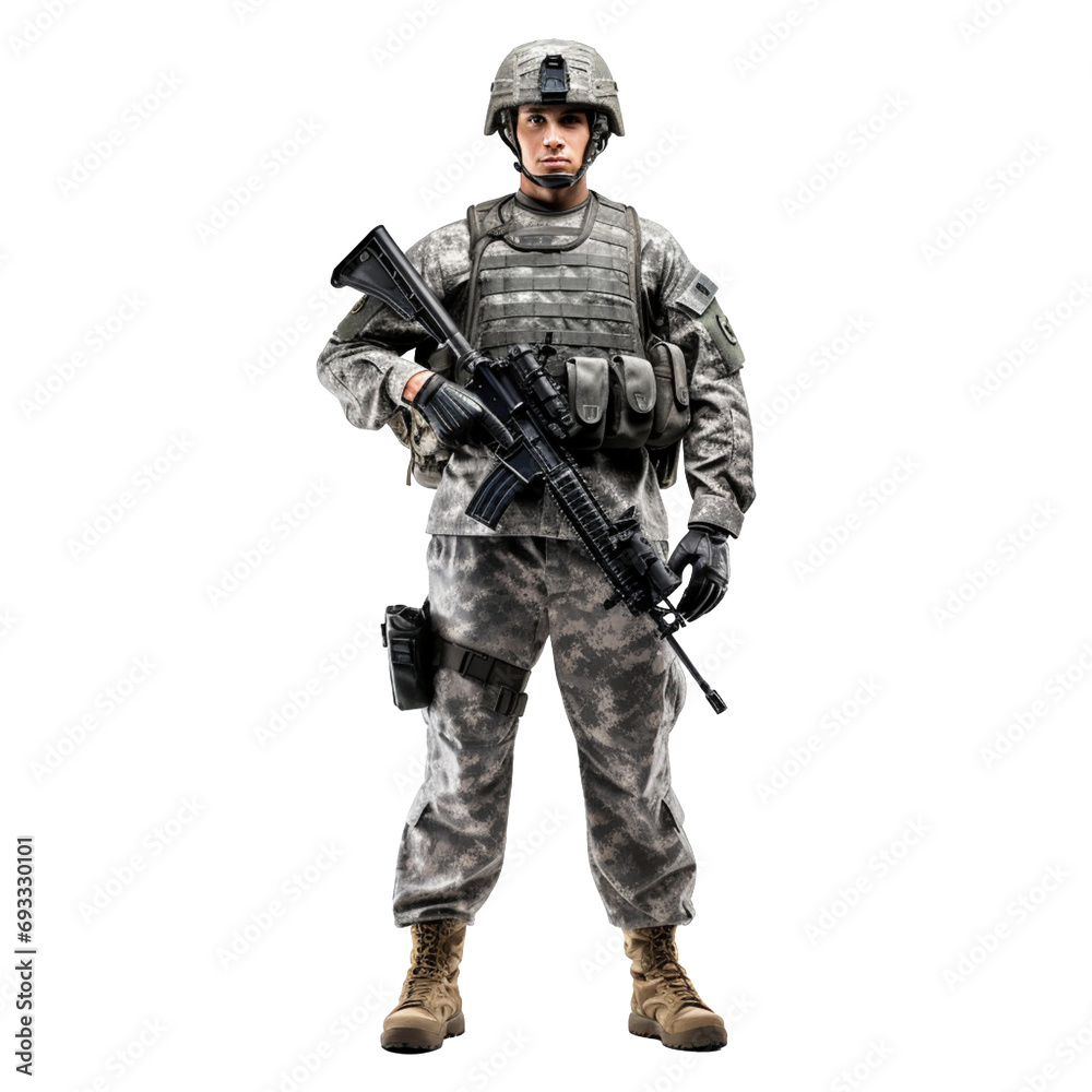 Portrait of soldier with rifle standing isolated on a transparent background. PNG element. Portrait of soldier with rifle standing isolated on a transparent background. PNG element.