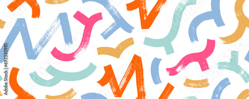 Aesthetic geometric seamless banner design with curved wavy lines. Hand drawn colorful brush strokes.