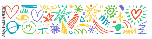 Collection colorful charcoal doodle elements like stars, planets, hearts, crescent moon and smile.