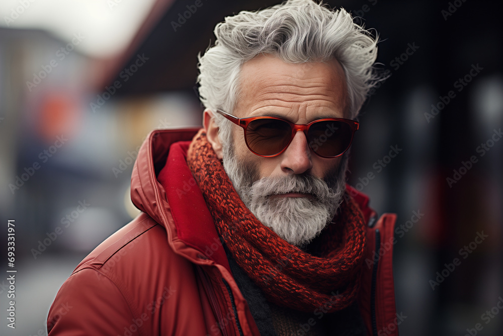 Men's fashion seasonal clothing. Portrait of a stylish middle-aged man wearing a red jacket, scarf and glasses on a winter street Men's fashion seasonal clothing. Portrait of a stylish middle-aged man wearing a red jacket, scarf and glasses on a winter street