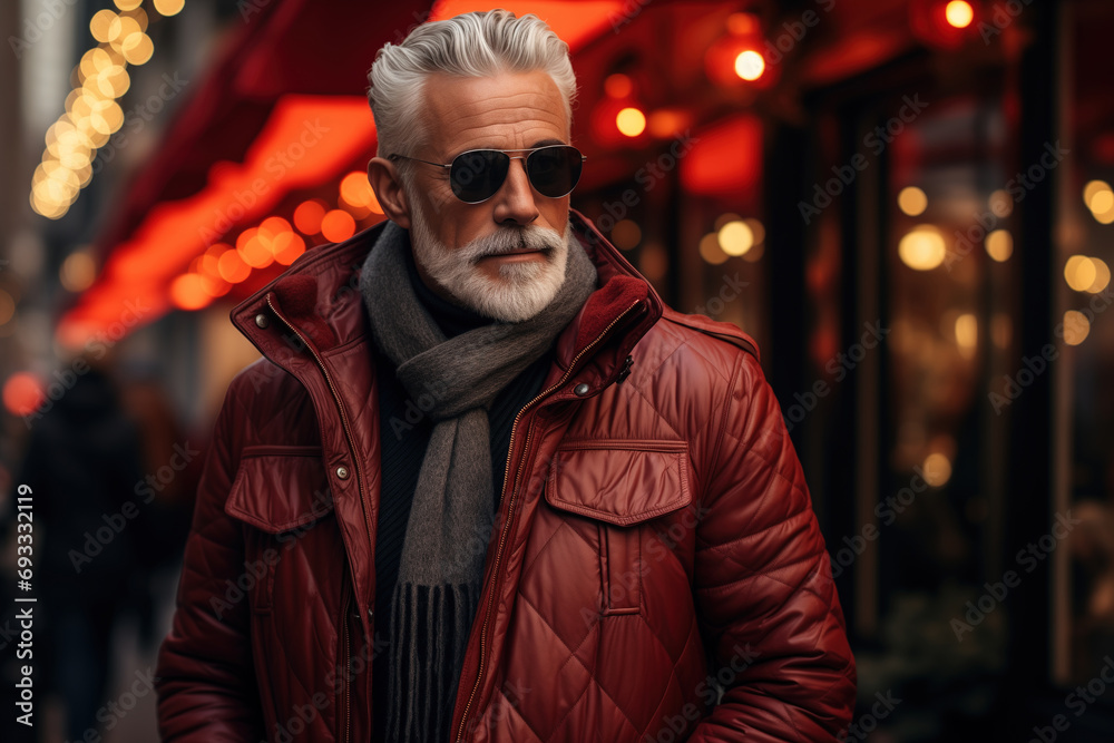 Portrait of a stylish gray-haired middle-aged man wearing a jacket, scarf and glasses on the street. Men's fashion seasonal clothing