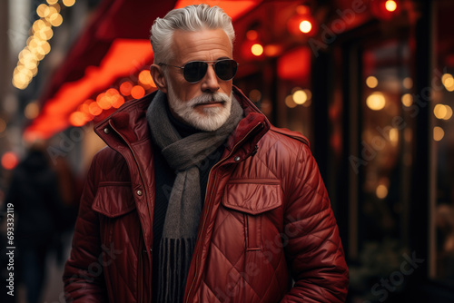 Portrait of a stylish gray-haired middle-aged man wearing a jacket, scarf and glasses on the street. Men's fashion seasonal clothing