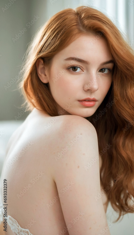 Naklejka premium Young red-haired curvy woman 20 years old in lingerie in a bedroom interior at home