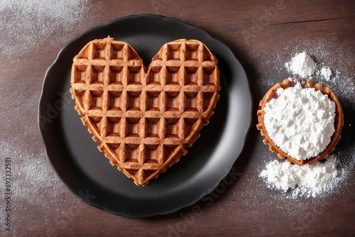 Waffles heart on wooden background with copy space, banner with free space. Generative AI