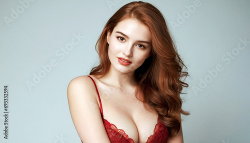 Young red-haired curvy woman 20 years old in lingerie on a gray background