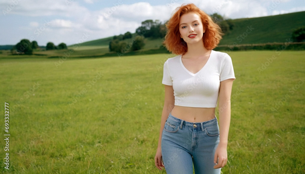 Young red-haired woman 20 years old in jeans and a white T-shirt in a field with green grass under a blue sky with fluffy clouds Young red-haired woman 20 years old in jeans and a white T-shirt in a field with green grass under a blue sky with fluffy clouds