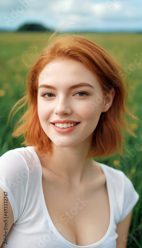 Young red-haired woman 20 years old in jeans and a white T-shirt in a field with green grass under a blue sky with fluffy clouds