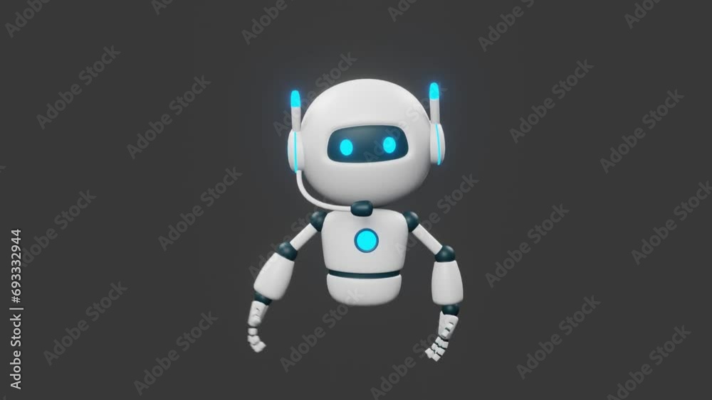 AI chat bot with headphone wave hand to say hi on black background. Artificial intelligence smart robot technology. 3D render animation with cute character. AI chat bot with headphone wave hand to say hi on black background. Artificial intelligence smart robot technology. 3D render animation with cute character.