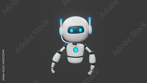 AI chat bot with headphone wave hand to say hi on black background. Artificial intelligence smart robot technology. 3D render animation with cute character.