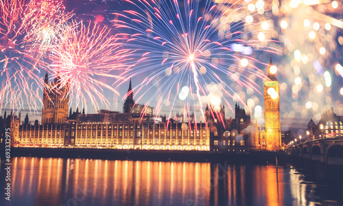 Big Ben with fireworks - celebration of the New Year at the House of Parliament, London, United Kingdom