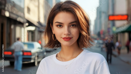 A young woman of 20 years old in jeans and a white T-shirt walks along the streets of the city.