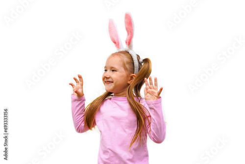 A funny laughing child in the guise of a rabbit on white bacground. The year according to the zodiac sign of the Eastern calendar. Easter Greeting poster