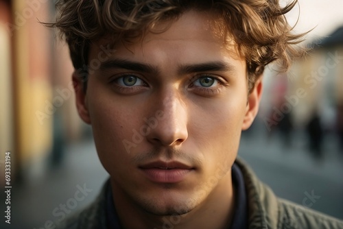 Unique portrait of  a young man with heterochromia , two different colored eyes photo