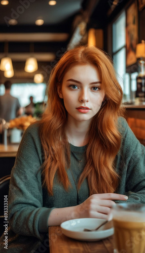 Beautiful young redhead girl relaxing and taking pictures of content for social networks
